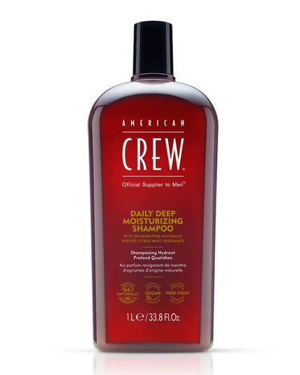 Daily Deep Moisturizing Shampoo is a hair and scalp wash rich in conditioning emollients that leaves hair feeling soft all day without causing build-up or greasy hair. The ultra-hydrating formula cleanses while the naturally certified American Crew Citrus Mint signature fragrance energizes and invigorates. Infused with moisturizing Vitamin B5 to promote healthy looking hair, this vegan, silicone-free shampoo is suitable for daily use on normal to dry hair.