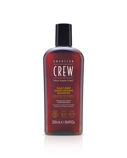 Daily Deep Moisturizing Shampoo is a hair and scalp wash rich in conditioning emollients that leaves hair feeling soft all day without causing build-up or greasy hair. The ultra-hydrating formula cleanses while the naturally certified American Crew Citrus Mint signature fragrance energizes and invigorates. Infused with moisturizing Vitamin B5 to promote healthy looking hair, this vegan, silicone-free shampoo is suitable for daily use on normal to dry hair.