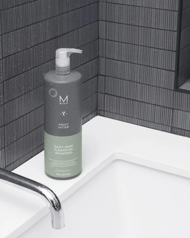 Heavy Hitter Deep Cleansing shampoo washes away dirt and product buildup, deep cleans without stripping natural oils and has a refreshing cedar and agave scent. It is ideal for normal to oily hair types.