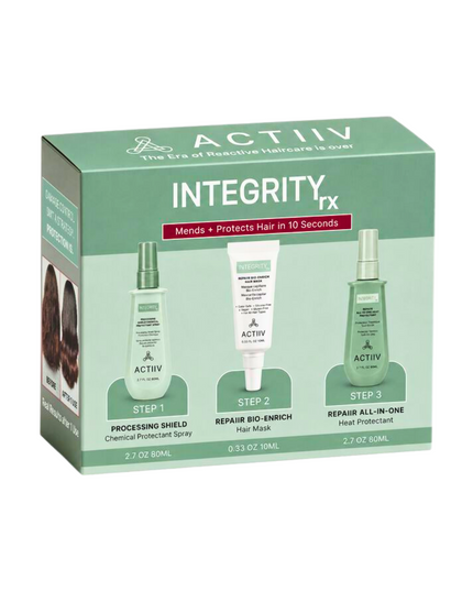 INTEGRITYrx Ultimate Try Me Kit Includes:
(1) - INTEGRITYrx Repaiir Bio-Enrich Hair Mask, 10 mL
(1) - INTEGRITYrx Processing Shield Chemical Protectant Spray, 2.7 fl. oz.
(1) - INTEGRITYrx Repaiir All-In-One Heat Protectant, 2.7 fl. oz.