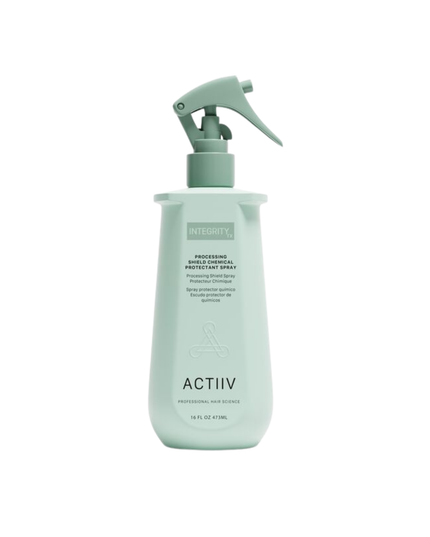 The first step in the INTEGRITYrx™ Hair Renewal System, Processing Shield™ is a professional chemical protectant spray designed to help support hair before color, lightening, texture, and other chemical services. Applied prior to processing, it helps create a more balanced canvas for healthier-looking results while maintaining salon efficiency with a quick, easy application.