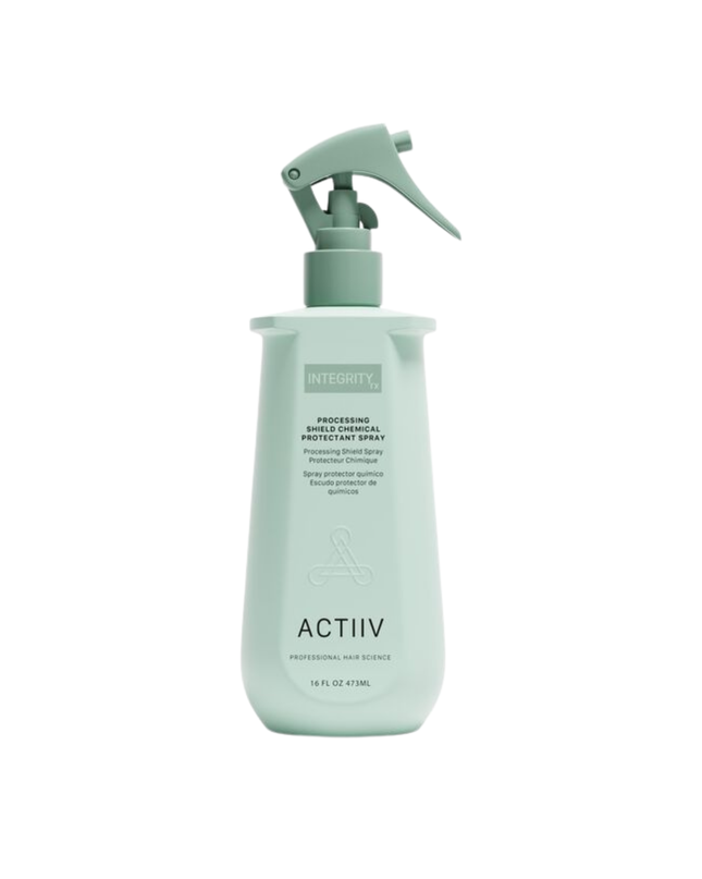 The first step in the INTEGRITYrx™ Hair Renewal System, Processing Shield™ is a professional chemical protectant spray designed to help support hair before color, lightening, texture, and other chemical services. Applied prior to processing, it helps create a more balanced canvas for healthier-looking results while maintaining salon efficiency with a quick, easy application.