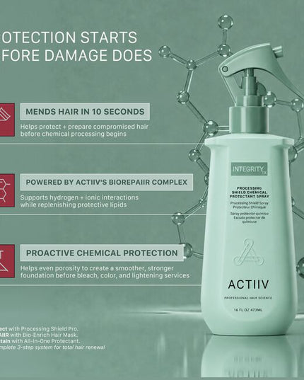 The first step in the INTEGRITYrx™ Hair Renewal System, Processing Shield™ is a professional chemical protectant spray designed to help support hair before color, lightening, texture, and other chemical services. Applied prior to processing, it helps create a more balanced canvas for healthier-looking results while maintaining salon efficiency with a quick, easy application.