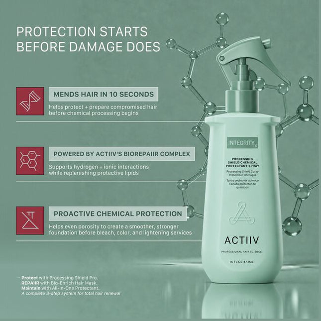 The first step in the INTEGRITYrx™ Hair Renewal System, Processing Shield™ is a professional chemical protectant spray designed to help support hair before color, lightening, texture, and other chemical services. Applied prior to processing, it helps create a more balanced canvas for healthier-looking results while maintaining salon efficiency with a quick, easy application.