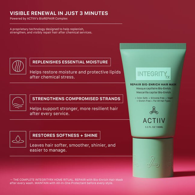 REPAIIR Bio-Enrich Hair Mask is the second step in the INTEGRITYrx™ Hair Renewal System. This intensive treatment helps replenish moisture, improve softness, and visibly reduce the appearance of damage after chemical services while supporting healthier-looking hair with every use. Perfect for maintaining professional results between salon visits, this weekly treatment helps leave hair feeling softer, smoother, and easier to manage.