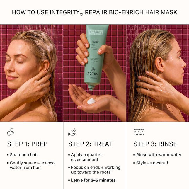 REPAIIR Bio-Enrich Hair Mask is the second step in the INTEGRITYrx™ Hair Renewal System. This intensive treatment helps replenish moisture, improve softness, and visibly reduce the appearance of damage after chemical services while supporting healthier-looking hair with every use. Perfect for maintaining professional results between salon visits, this weekly treatment helps leave hair feeling softer, smoother, and easier to manage.