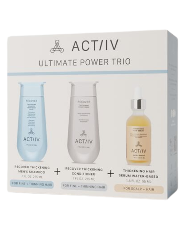 The ACTIIV Mens Trio Kit is a complete 90-day hair wellness system designed to support fuller, healthier-looking hair by balancing the scalp and optimizing follicle performance. Powered by plant-based, medical-grade technology, this 3-step system gently cleanses the scalp, reduces buildup, strengthens from root to tip, and supports thicker-looking density. Ideal for Men experiencing early signs of thinning and shedding.