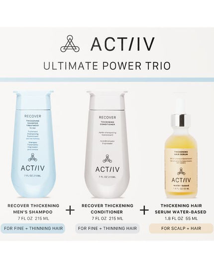 The ACTIIV Mens Trio Kit is a complete 90-day hair wellness system designed to support fuller, healthier-looking hair by balancing the scalp and optimizing follicle performance. Powered by plant-based, medical-grade technology, this 3-step system gently cleanses the scalp, reduces buildup, strengthens from root to tip, and supports thicker-looking density. Ideal for Men experiencing early signs of thinning and shedding.