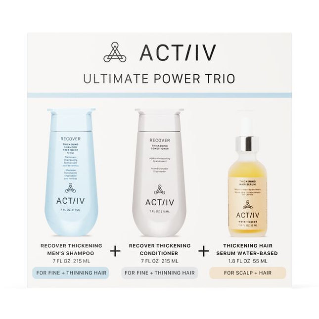 The ACTIIV Mens Trio Kit is a complete 90-day hair wellness system designed to support fuller, healthier-looking hair by balancing the scalp and optimizing follicle performance. Powered by plant-based, medical-grade technology, this 3-step system gently cleanses the scalp, reduces buildup, strengthens from root to tip, and supports thicker-looking density. Ideal for Men experiencing early signs of thinning and shedding.