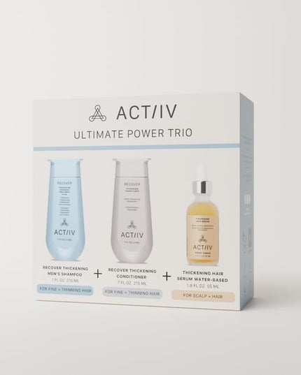 The ACTIIV Mens Trio Kit is a complete 90-day hair wellness system designed to support fuller, healthier-looking hair by balancing the scalp and optimizing follicle performance. Powered by plant-based, medical-grade technology, this 3-step system gently cleanses the scalp, reduces buildup, strengthens from root to tip, and supports thicker-looking density. Ideal for Men experiencing early signs of thinning and shedding.