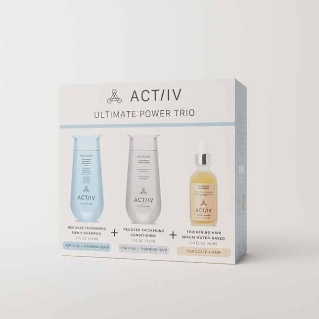 The ACTIIV Mens Trio Kit is a complete 90-day hair wellness system designed to support fuller, healthier-looking hair by balancing the scalp and optimizing follicle performance. Powered by plant-based, medical-grade technology, this 3-step system gently cleanses the scalp, reduces buildup, strengthens from root to tip, and supports thicker-looking density. Ideal for Men experiencing early signs of thinning and shedding.