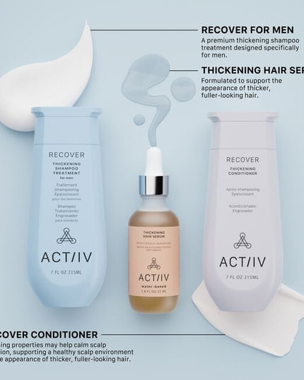 The ACTIIV Mens Trio Kit is a complete 90-day hair wellness system designed to support fuller, healthier-looking hair by balancing the scalp and optimizing follicle performance. Powered by plant-based, medical-grade technology, this 3-step system gently cleanses the scalp, reduces buildup, strengthens from root to tip, and supports thicker-looking density. Ideal for Men experiencing early signs of thinning and shedding.