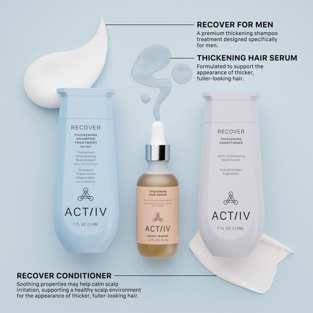 The ACTIIV Mens Trio Kit is a complete 90-day hair wellness system designed to support fuller, healthier-looking hair by balancing the scalp and optimizing follicle performance. Powered by plant-based, medical-grade technology, this 3-step system gently cleanses the scalp, reduces buildup, strengthens from root to tip, and supports thicker-looking density. Ideal for Men experiencing early signs of thinning and shedding.