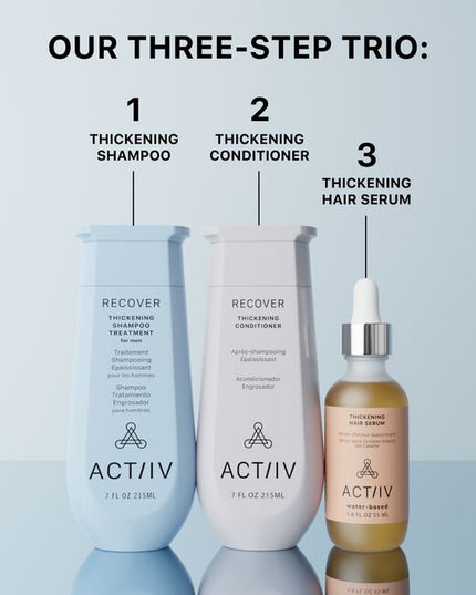The ACTIIV Mens Trio Kit is a complete 90-day hair wellness system designed to support fuller, healthier-looking hair by balancing the scalp and optimizing follicle performance. Powered by plant-based, medical-grade technology, this 3-step system gently cleanses the scalp, reduces buildup, strengthens from root to tip, and supports thicker-looking density. Ideal for Men experiencing early signs of thinning and shedding.