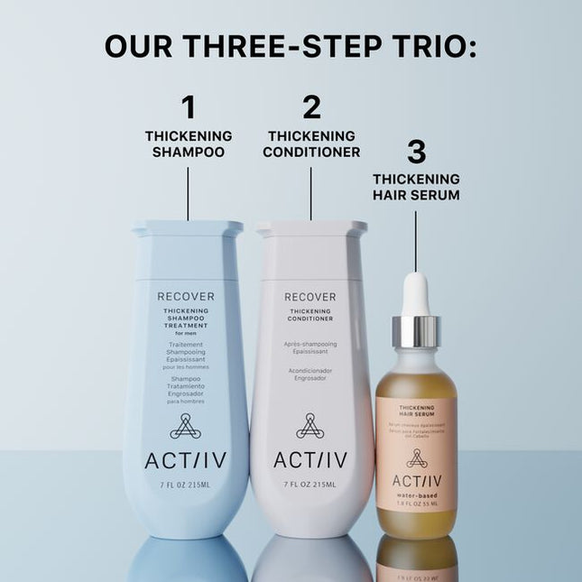 The ACTIIV Mens Trio Kit is a complete 90-day hair wellness system designed to support fuller, healthier-looking hair by balancing the scalp and optimizing follicle performance. Powered by plant-based, medical-grade technology, this 3-step system gently cleanses the scalp, reduces buildup, strengthens from root to tip, and supports thicker-looking density. Ideal for Men experiencing early signs of thinning and shedding.