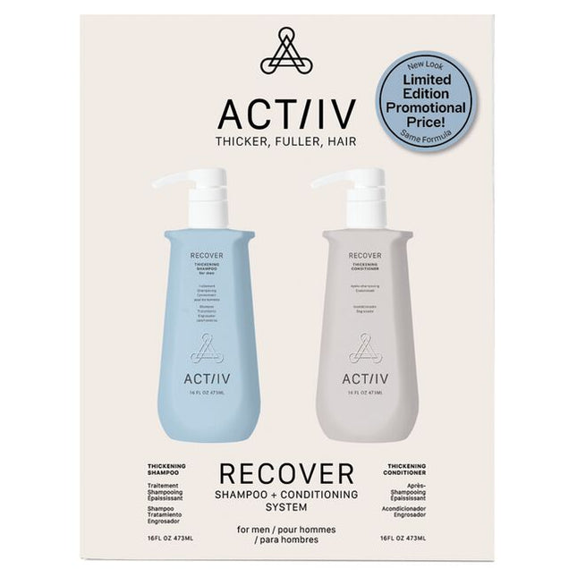 The Recover 16 oz Men’s Duo is a value-sized set (two 16 oz bottles) comprising a thickening shampoo treatment and conditioner designed for men experiencing reduced hair density. It’s formulated to cleanse DHT-laden sebum and promote the look of fuller, healthier hair while being vegan, gluten-free, cruelty-free, and color-safe.