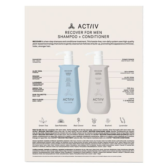 The Recover 16 oz Men’s Duo is a value-sized set (two 16 oz bottles) comprising a thickening shampoo treatment and conditioner designed for men experiencing reduced hair density. It’s formulated to cleanse DHT-laden sebum and promote the look of fuller, healthier hair while being vegan, gluten-free, cruelty-free, and color-safe.