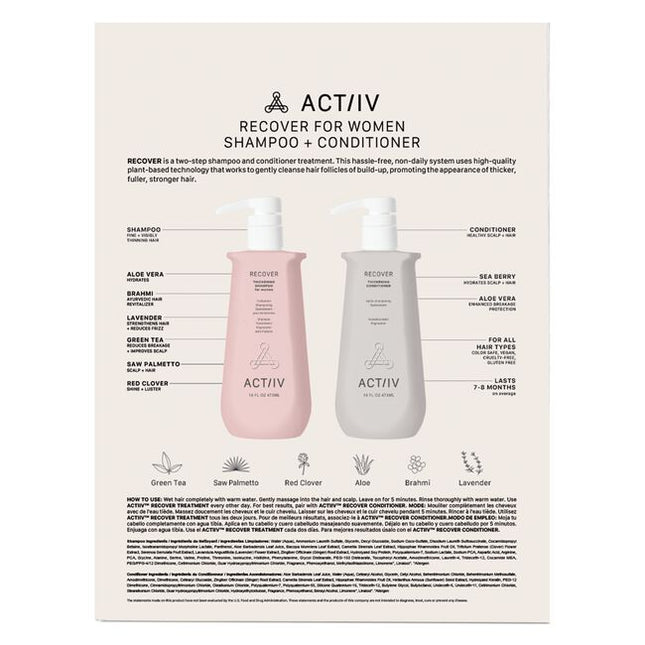 The Recover 16 oz Women’s Duo is a value-sized, two-step hair system comprising both the thickening shampoo and conditioner—enough for approximately 7 months of use. It’s crafted to cleanse away sebum containing DHT and enhance the appearance of hair density and health.