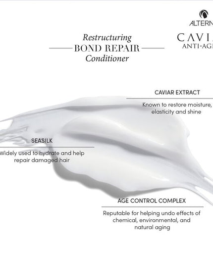 Alterna Caviar Anti-Aging Restructuring Bond Repair Conditioner is a moisturizing reparative conditioner that protects and repairs damaged hair, mends split ends, reduces frizz and makes hair smooth and soft.