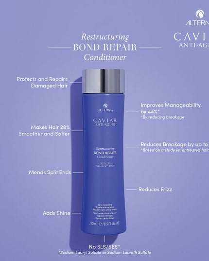 Alterna Caviar Anti-Aging Restructuring Bond Repair Conditioner is a moisturizing reparative conditioner that protects and repairs damaged hair, mends split ends, reduces frizz and makes hair smooth and soft.