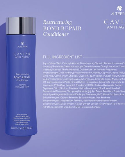 Alterna Caviar Anti-Aging Restructuring Bond Repair Conditioner is a moisturizing reparative conditioner that protects and repairs damaged hair, mends split ends, reduces frizz and makes hair smooth and soft.