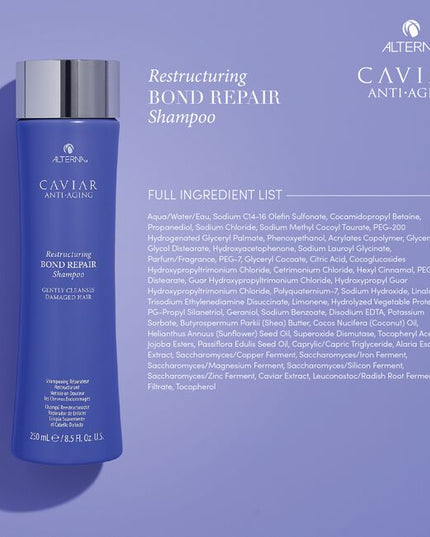 Alterna Caviar Anti-Aging Replenishing Moisture Shampoo attracts, retains and rebalances moisture while protecting color, and improving the overall performance of dry, brittle hair. Formulated with Seasilk, Color Hold and UVA/UVB protection to shield from color fade, daily stresses and future damage. Incorporates Alterna's Age-Control Complex that includes caviar extract, vitamin C and cytokines for stronger, healthier, younger looking hair.