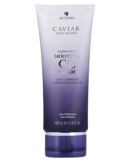 Alterna Caviar Anti-Aging Replenishing Moisture CC Cream is a leave-in hair treatment and styling cream that benefits hair in 10 different ways. It provides moisture, shine, smoothness, softness, anti-breakage, heat protection, light hold, UV color protection, manageability, and strength. 