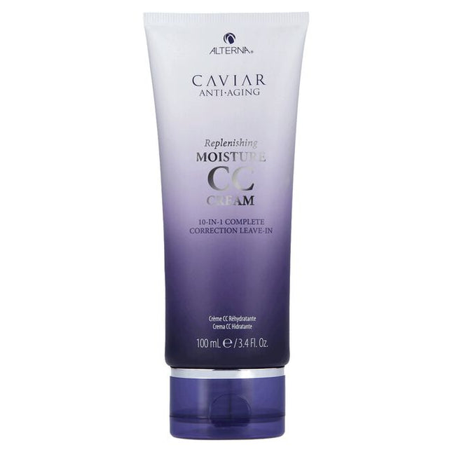Alterna Caviar Anti-Aging Replenishing Moisture CC Cream is a leave-in hair treatment and styling cream that benefits hair in 10 different ways. It provides moisture, shine, smoothness, softness, anti-breakage, heat protection, light hold, UV color protection, manageability, and strength. 