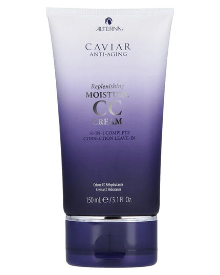 Alterna Caviar Anti-Aging Replenishing Moisture CC Cream is a leave-in hair treatment and styling cream that benefits hair in 10 different ways. It provides moisture, shine, smoothness, softness, anti-breakage, heat protection, light hold, UV color protection, manageability, and strength. 