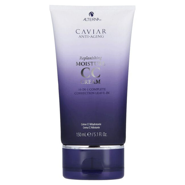 Alterna Caviar Anti-Aging Replenishing Moisture CC Cream is a leave-in hair treatment and styling cream that benefits hair in 10 different ways. It provides moisture, shine, smoothness, softness, anti-breakage, heat protection, light hold, UV color protection, manageability, and strength. 