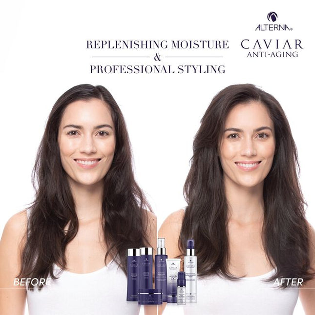 Alterna Caviar Anti-Aging Replenishing Moisture CC Cream is a leave-in hair treatment and styling cream that benefits hair in 10 different ways. It provides moisture, shine, smoothness, softness, anti-breakage, heat protection, light hold, UV color protection, manageability, and strength. 