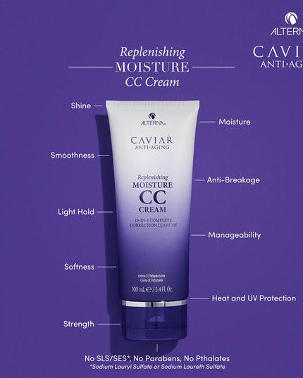 Alterna Caviar Anti-Aging Replenishing Moisture CC Cream is a leave-in hair treatment and styling cream that benefits hair in 10 different ways. It provides moisture, shine, smoothness, softness, anti-breakage, heat protection, light hold, UV color protection, manageability, and strength. 