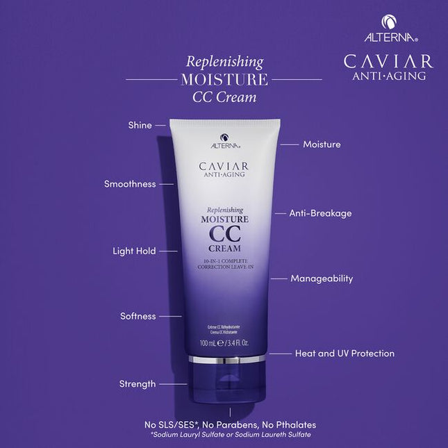 Alterna Caviar Anti-Aging Replenishing Moisture CC Cream is a leave-in hair treatment and styling cream that benefits hair in 10 different ways. It provides moisture, shine, smoothness, softness, anti-breakage, heat protection, light hold, UV color protection, manageability, and strength. 