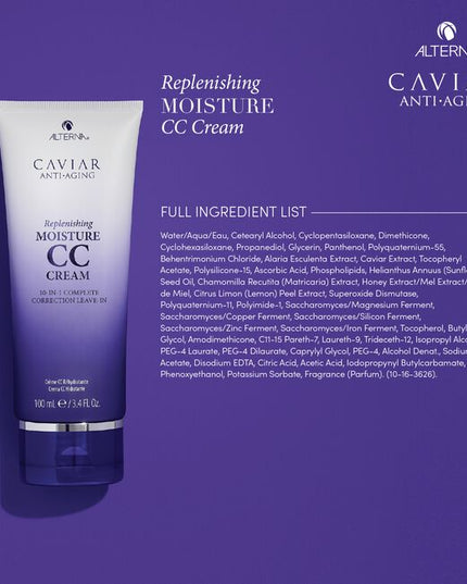 Alterna Caviar Anti-Aging Replenishing Moisture CC Cream is a leave-in hair treatment and styling cream that benefits hair in 10 different ways. It provides moisture, shine, smoothness, softness, anti-breakage, heat protection, light hold, UV color protection, manageability, and strength. 