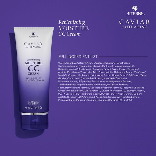 Alterna Caviar Anti-Aging Replenishing Moisture CC Cream is a leave-in hair treatment and styling cream that benefits hair in 10 different ways. It provides moisture, shine, smoothness, softness, anti-breakage, heat protection, light hold, UV color protection, manageability, and strength. 