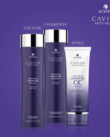 Alterna Caviar Anti-Aging Replenishing Moisture CC Cream is a leave-in hair treatment and styling cream that benefits hair in 10 different ways. It provides moisture, shine, smoothness, softness, anti-breakage, heat protection, light hold, UV color protection, manageability, and strength. 
