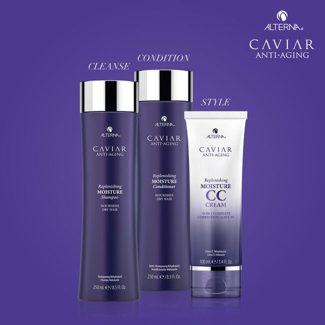 Alterna Caviar Anti-Aging Replenishing Moisture CC Cream is a leave-in hair treatment and styling cream that benefits hair in 10 different ways. It provides moisture, shine, smoothness, softness, anti-breakage, heat protection, light hold, UV color protection, manageability, and strength. 