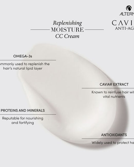 Alterna Caviar Anti-Aging Replenishing Moisture CC Cream is a leave-in hair treatment and styling cream that benefits hair in 10 different ways. It provides moisture, shine, smoothness, softness, anti-breakage, heat protection, light hold, UV color protection, manageability, and strength. 