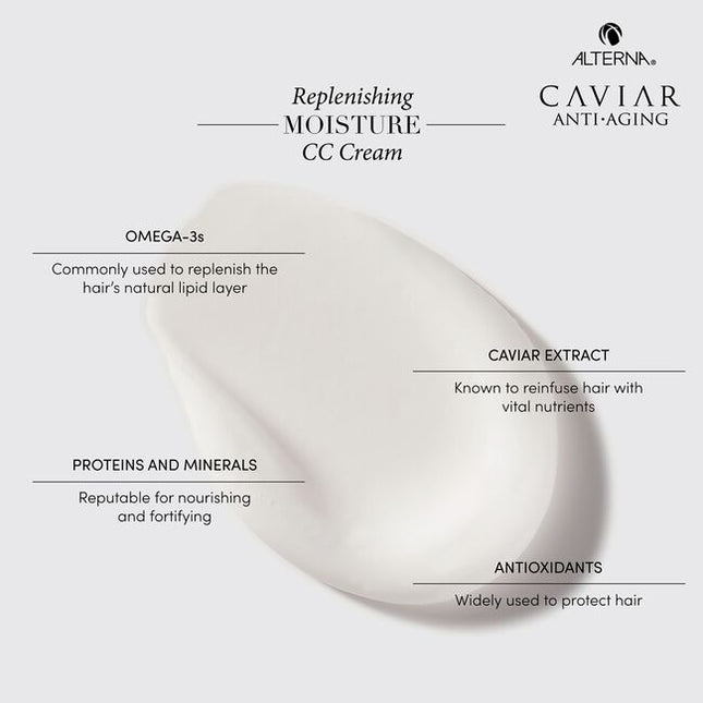 Alterna Caviar Anti-Aging Replenishing Moisture CC Cream is a leave-in hair treatment and styling cream that benefits hair in 10 different ways. It provides moisture, shine, smoothness, softness, anti-breakage, heat protection, light hold, UV color protection, manageability, and strength. 