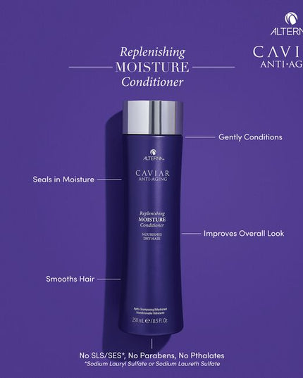 Caviar Anti-Aging Replenishing Moisture Conditioner transforms brittle, dull hair into strong, healthy, younger-looking hair. Formulated with Seasilk technology that repairs, moisturizes and nourishes hair, and Photozyme Complex that protects hair from damage. Incorporates Alterna's Age-Control Complex that includes caviar extract, vitamin C and cytokines to reduce the effects of aging and help stimulate protein production.