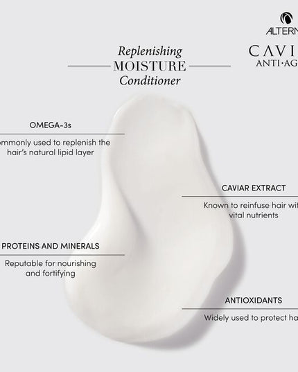 Caviar Anti-Aging Replenishing Moisture Conditioner transforms brittle, dull hair into strong, healthy, younger-looking hair. Formulated with Seasilk technology that repairs, moisturizes and nourishes hair, and Photozyme Complex that protects hair from damage. Incorporates Alterna's Age-Control Complex that includes caviar extract, vitamin C and cytokines to reduce the effects of aging and help stimulate protein production.