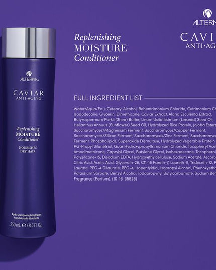 Caviar Anti-Aging Replenishing Moisture Conditioner transforms brittle, dull hair into strong, healthy, younger-looking hair. Formulated with Seasilk technology that repairs, moisturizes and nourishes hair, and Photozyme Complex that protects hair from damage. Incorporates Alterna's Age-Control Complex that includes caviar extract, vitamin C and cytokines to reduce the effects of aging and help stimulate protein production.