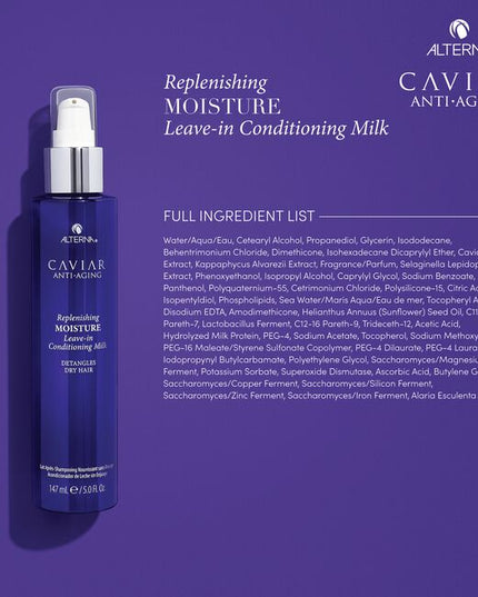 Alterna Caviar Anti-Aging Replenishing Leave-in Conditioning Milk is a nourishing leave-in conditioner specially formulated for aging hair using the same proven ingredients and technologies as Alterna's top-selling Caviar Replenishing Moisture Shampoo and Conditioner. The ultra nourishing formula leaves dry hair soft, silky, and smooth.