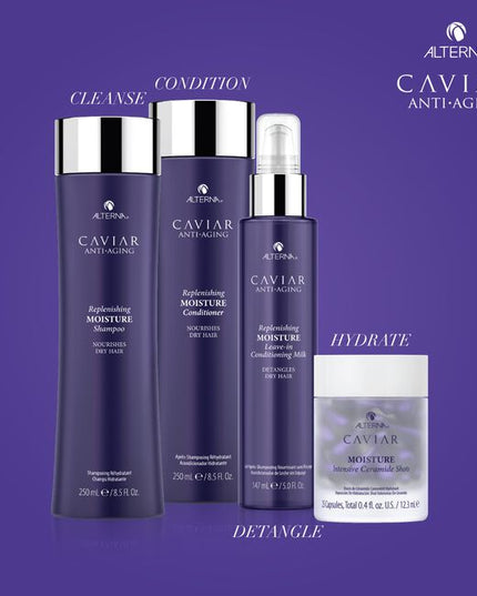 Alterna Caviar Anti-Aging Replenishing Leave-in Conditioning Milk is a nourishing leave-in conditioner specially formulated for aging hair using the same proven ingredients and technologies as Alterna's top-selling Caviar Replenishing Moisture Shampoo and Conditioner. The ultra nourishing formula leaves dry hair soft, silky, and smooth.