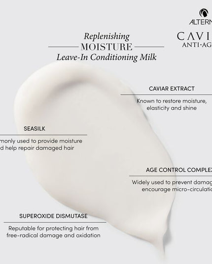Alterna Caviar Anti-Aging Replenishing Leave-in Conditioning Milk is a nourishing leave-in conditioner specially formulated for aging hair using the same proven ingredients and technologies as Alterna's top-selling Caviar Replenishing Moisture Shampoo and Conditioner. The ultra nourishing formula leaves dry hair soft, silky, and smooth.