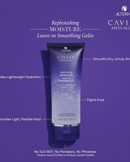 Alterna Caviar Anti-Aging Replenishing Moisture Leave-In Smoothing Gelee is a transformative gelee that provides instant smooth perfection on all hair types. This lightweight surge of hydration conditions the hair, smoothing unwanted frizz and providing light definition with high shine. Use this versatile formula on wet hair before air drying or heat styling, or on dry hair for instant perfection.