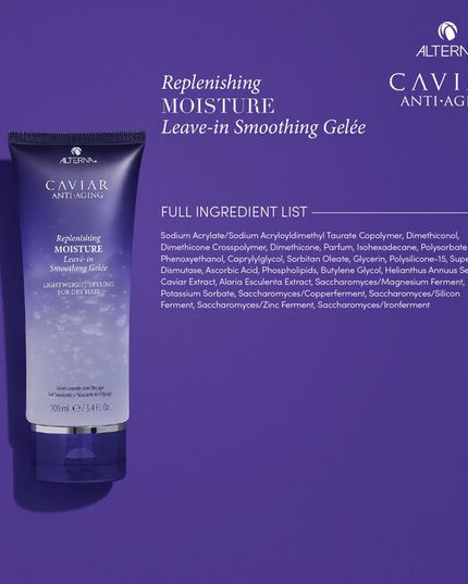 Alterna Caviar Anti-Aging Replenishing Moisture Leave-In Smoothing Gelee is a transformative gelee that provides instant smooth perfection on all hair types. This lightweight surge of hydration conditions the hair, smoothing unwanted frizz and providing light definition with high shine. Use this versatile formula on wet hair before air drying or heat styling, or on dry hair for instant perfection.