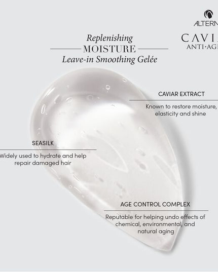 Alterna Caviar Anti-Aging Replenishing Moisture Leave-In Smoothing Gelee is a transformative gelee that provides instant smooth perfection on all hair types. This lightweight surge of hydration conditions the hair, smoothing unwanted frizz and providing light definition with high shine. Use this versatile formula on wet hair before air drying or heat styling, or on dry hair for instant perfection.