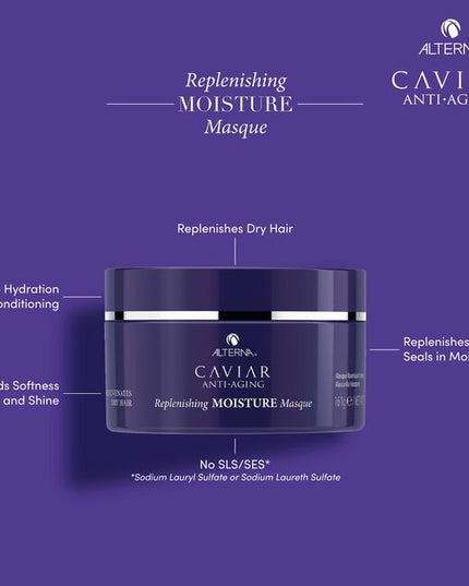 Alterna Caviar Anti-Aging Replenishing Moisture Masque is an intensive moisturizing treatment that replenishes moisture-starved strands, leaving hair smooth, silky and youthfully restored. This once-a-week treatment provides an exceptional dose of moisture to completely rejuvenate dry, coarse, and damaged hair.