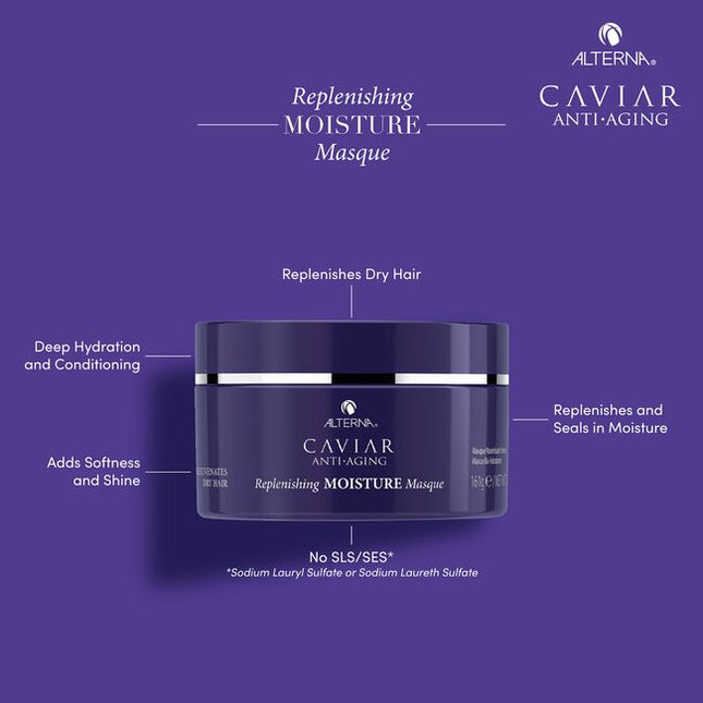 Alterna Caviar Anti-Aging Replenishing Moisture Masque is an intensive moisturizing treatment that replenishes moisture-starved strands, leaving hair smooth, silky and youthfully restored. This once-a-week treatment provides an exceptional dose of moisture to completely rejuvenate dry, coarse, and damaged hair.
